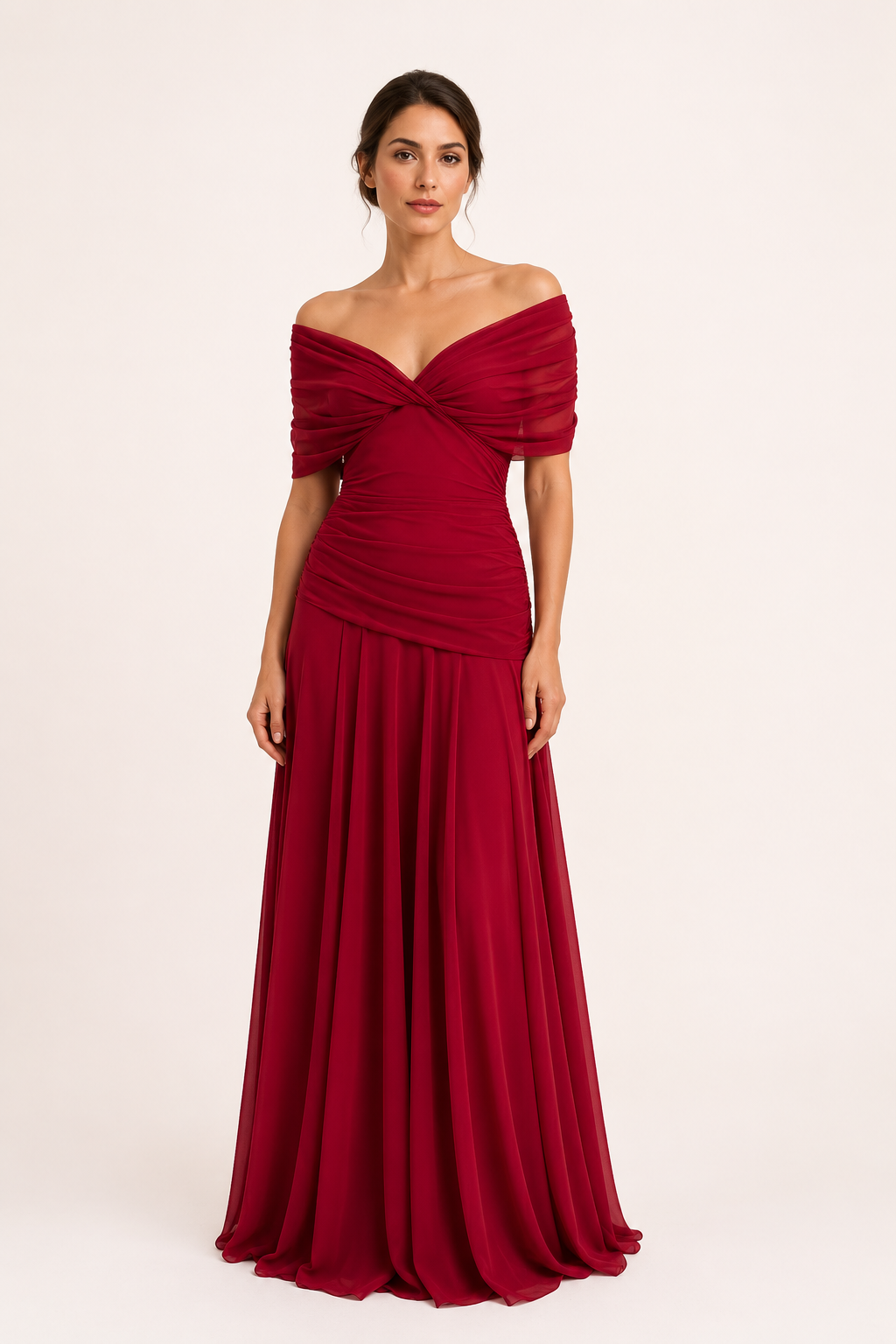 Robe longue froncée pour femme, avec décolleté en V et épaules dénudées - Marita