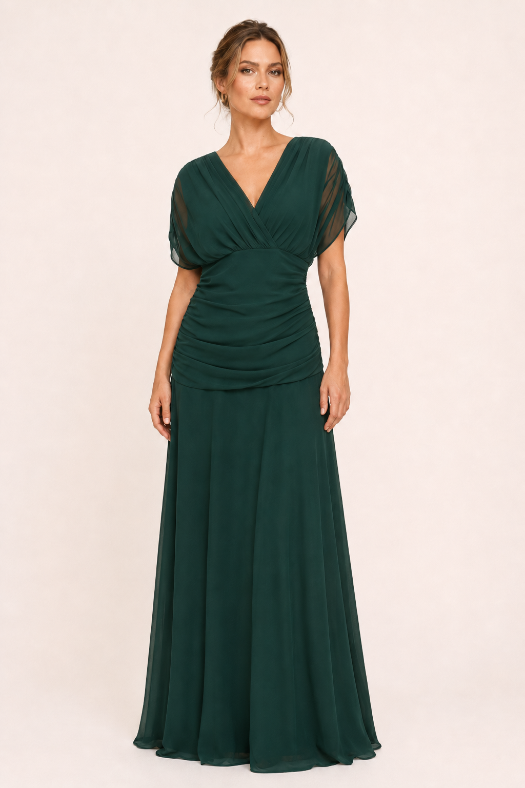 Robe longue froncée pour femme, avec décolleté en V et épaules dénudées - Marita