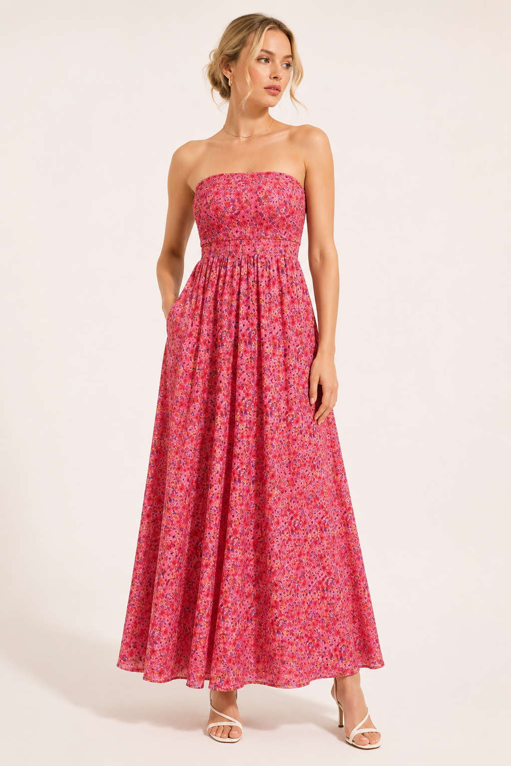 Robe vintage pour femme sans bretelles, à imprimé floral et jupe évasée - Elfriede