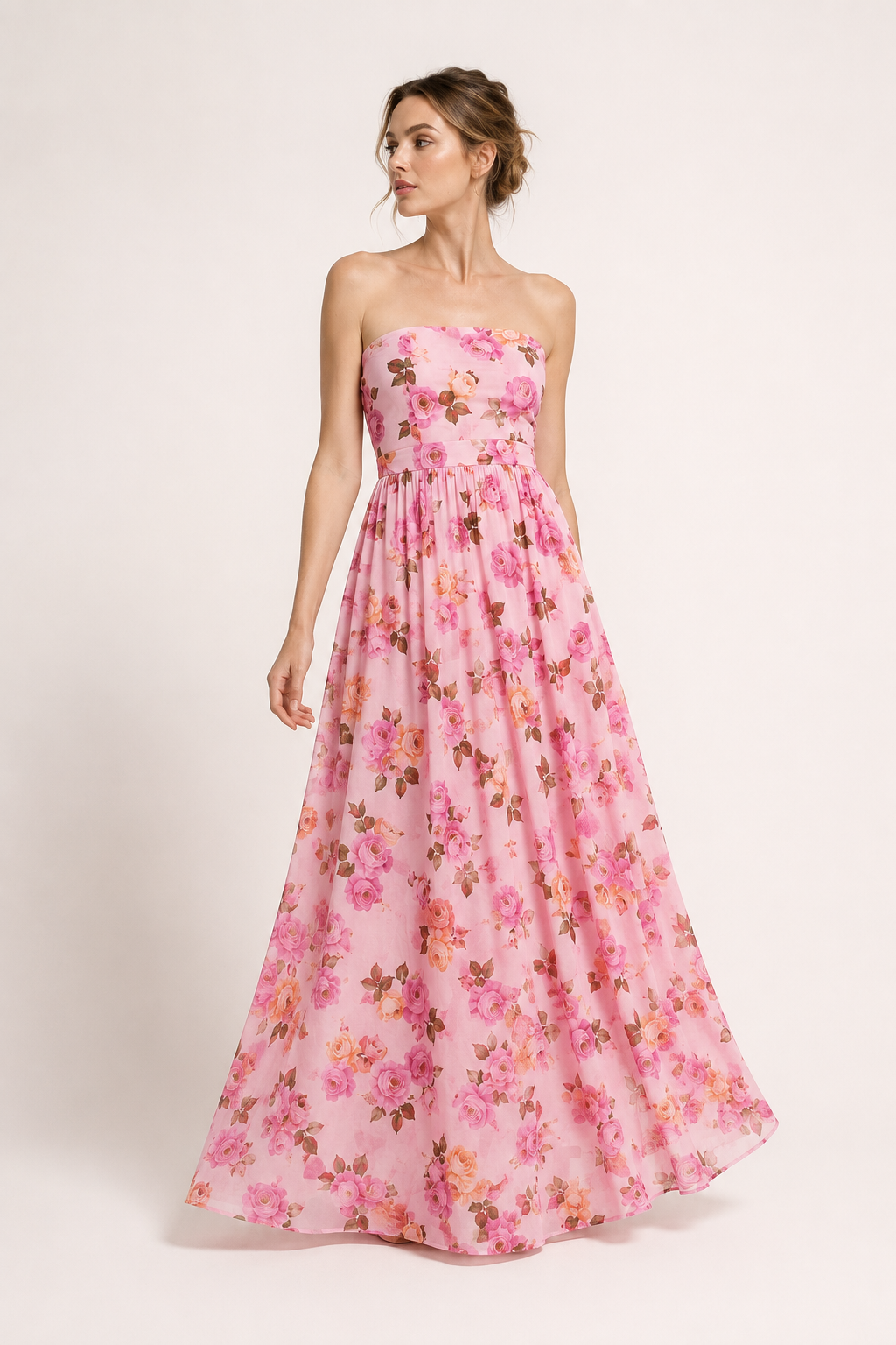 Robe vintage pour femme sans bretelles, à imprimé floral et jupe évasée - Elfriede