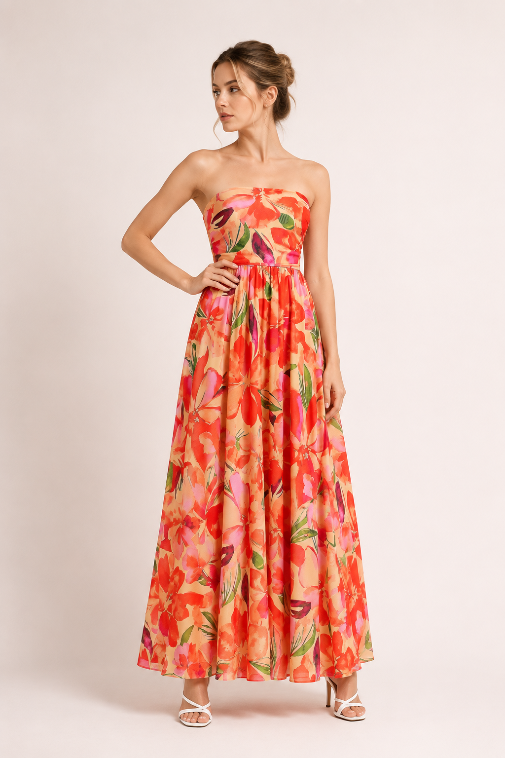 Robe vintage pour femme sans bretelles, à imprimé floral et jupe évasée - Elfriede
