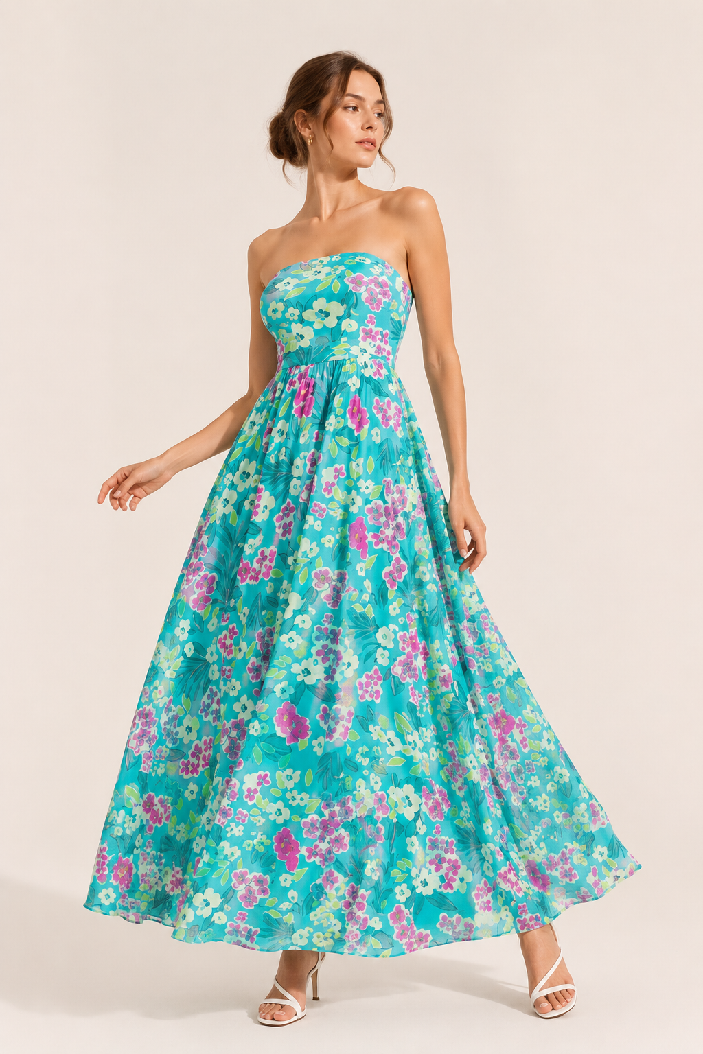 Robe vintage pour femme sans bretelles, à imprimé floral et jupe évasée - Elfriede