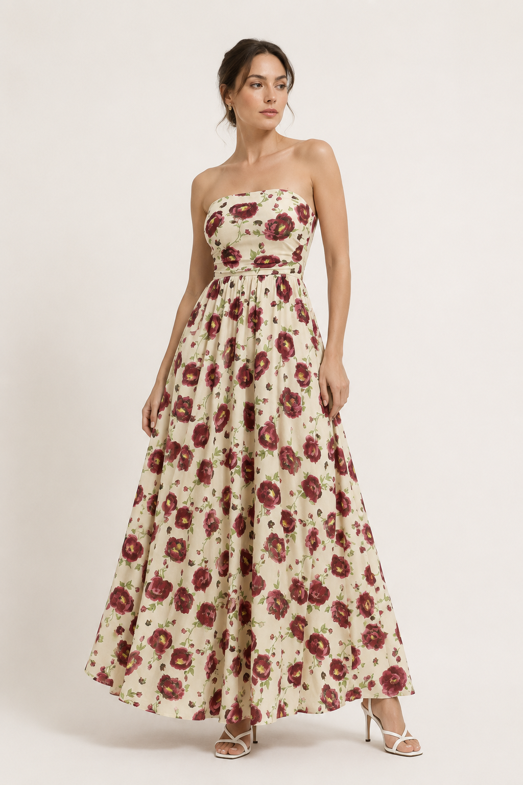 Robe vintage pour femme sans bretelles, à imprimé floral et jupe évasée - Elfriede