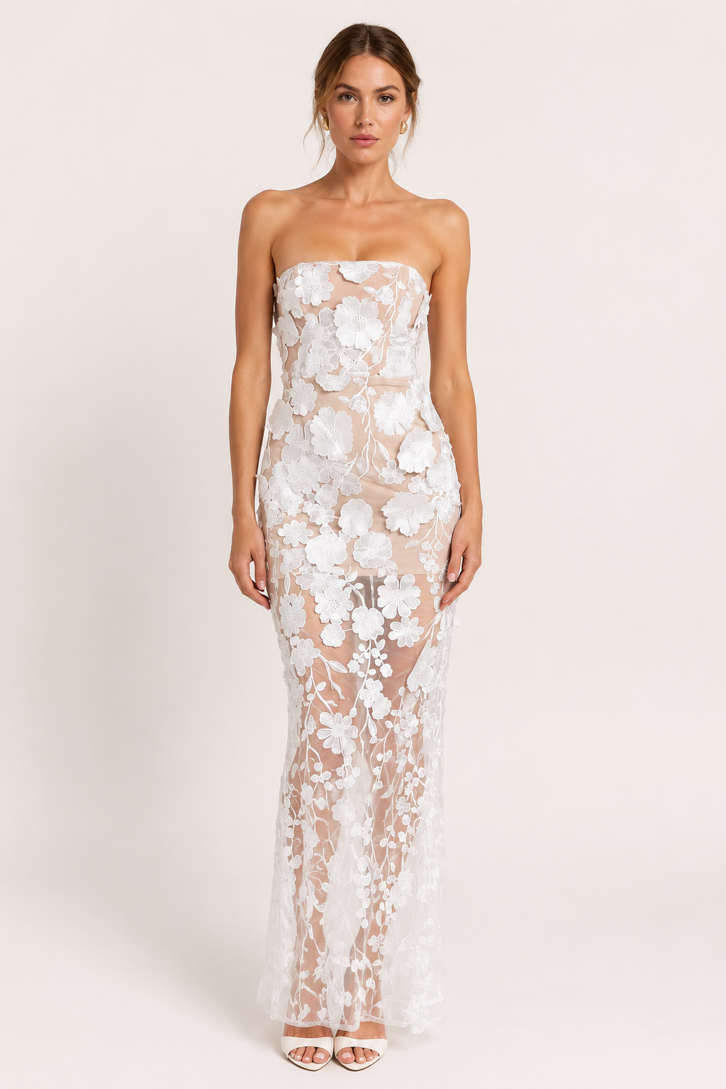 Robe de soirée longue pour invitée, avec dentelle florale - Lorelei