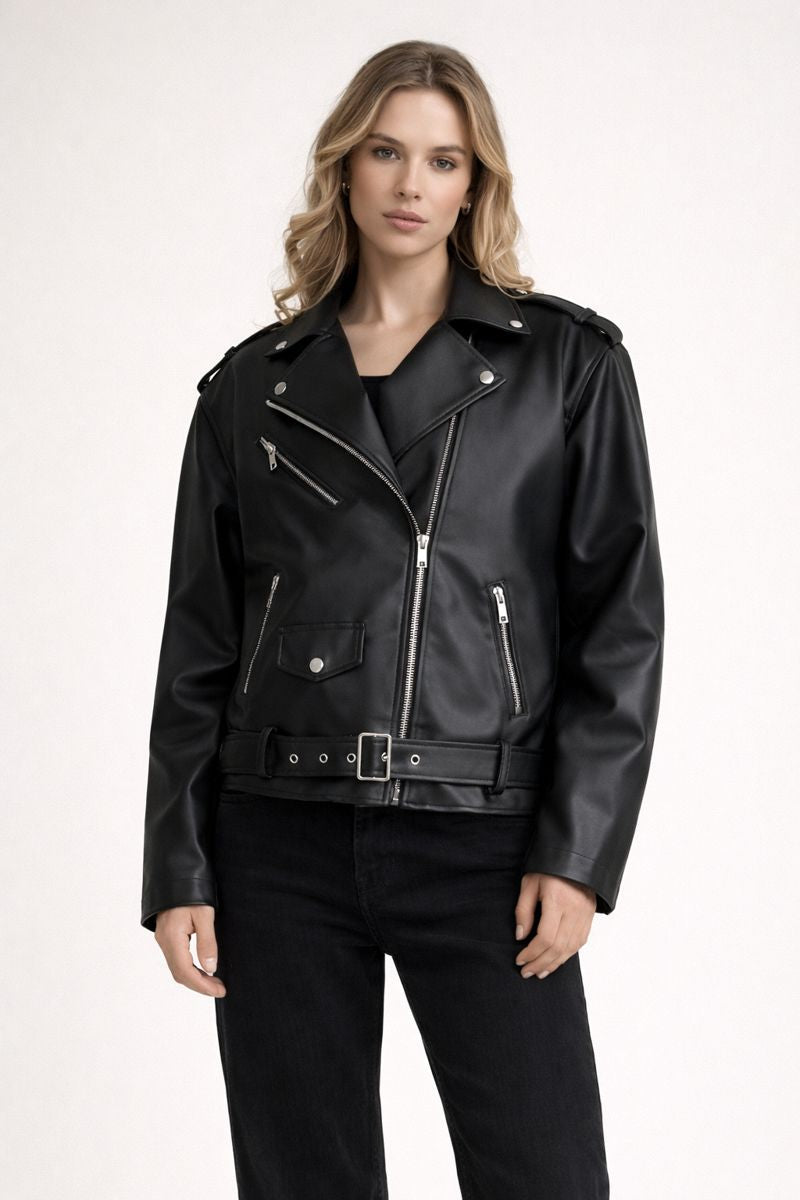 Veste De Motard En Similicuir Pour Femme Avec Ceinture, Coupe Adaptée Et Tissu Synthétique Imitant Le Cuir - Ylena