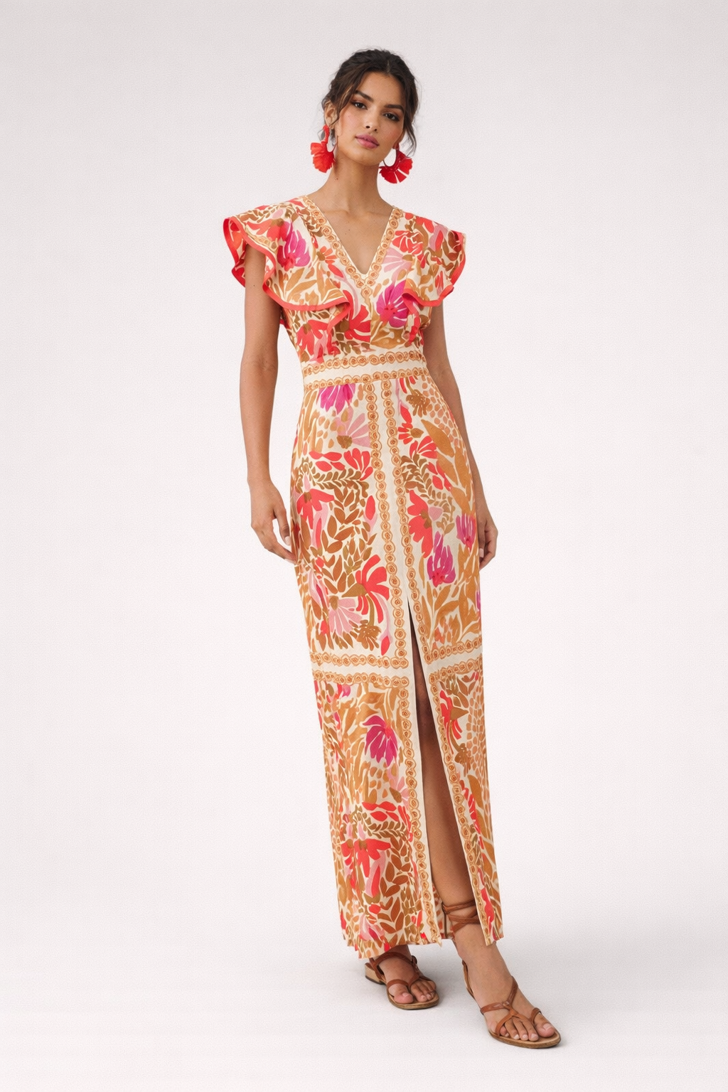 Robe longue femme à volants et motifs colorés - Lucía