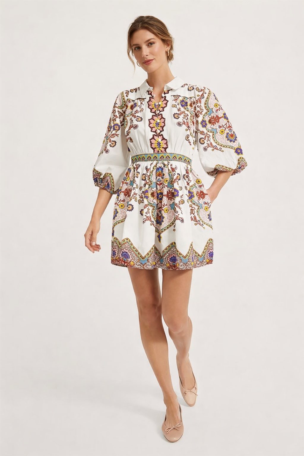 Mini robe femme style chemise manches bouffantes imprimée - Daniela