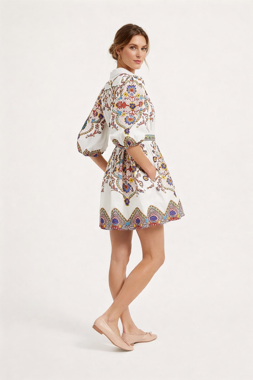 Mini robe femme style chemise manches bouffantes imprimée - Daniela