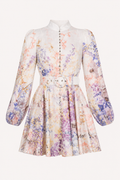 Robe courte fleurie col boutonné ceinturée manches longues événement et déjeuner - Candice