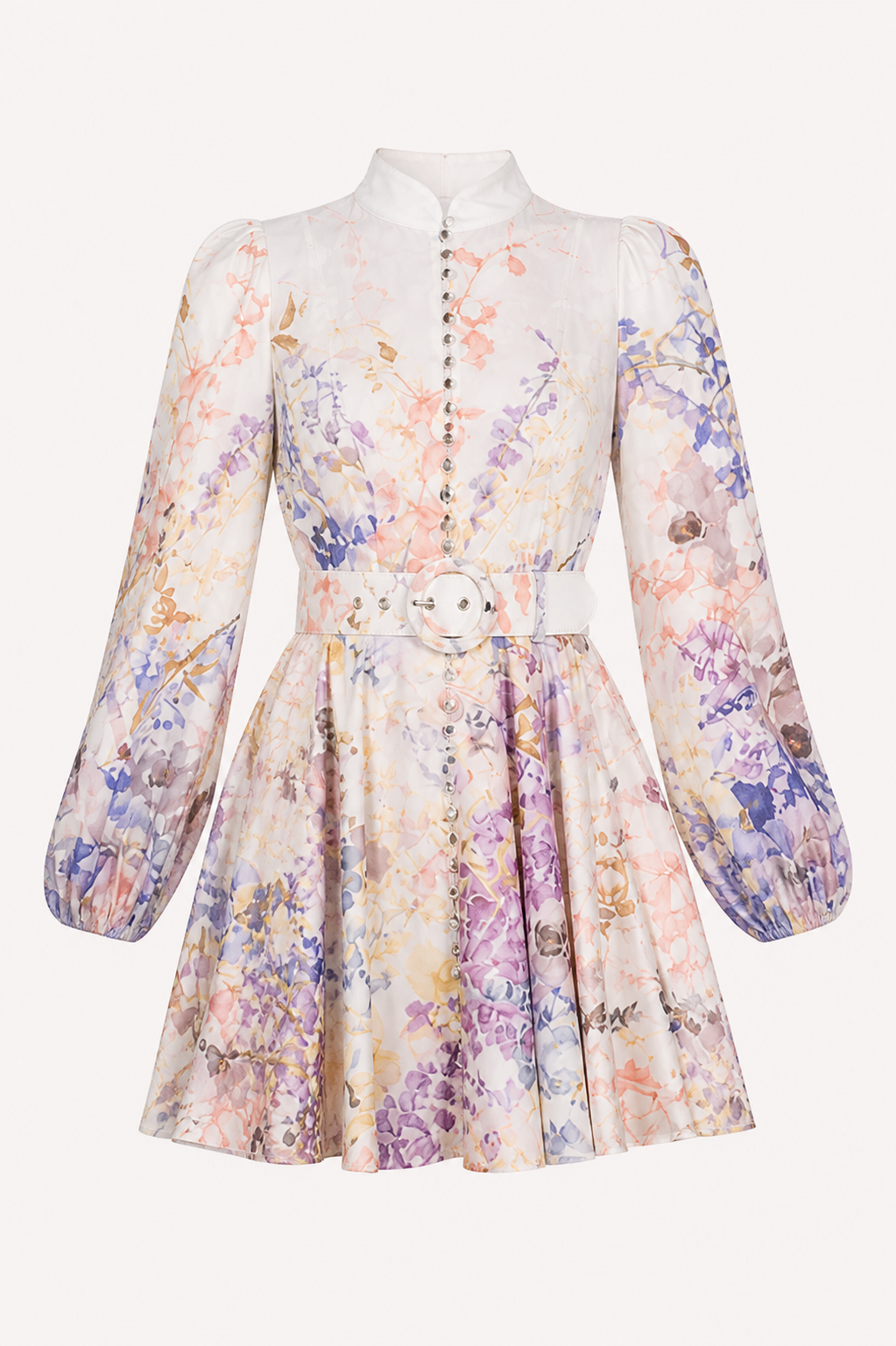 Robe courte fleurie col boutonné ceinturée manches longues événement et déjeuner - Candice