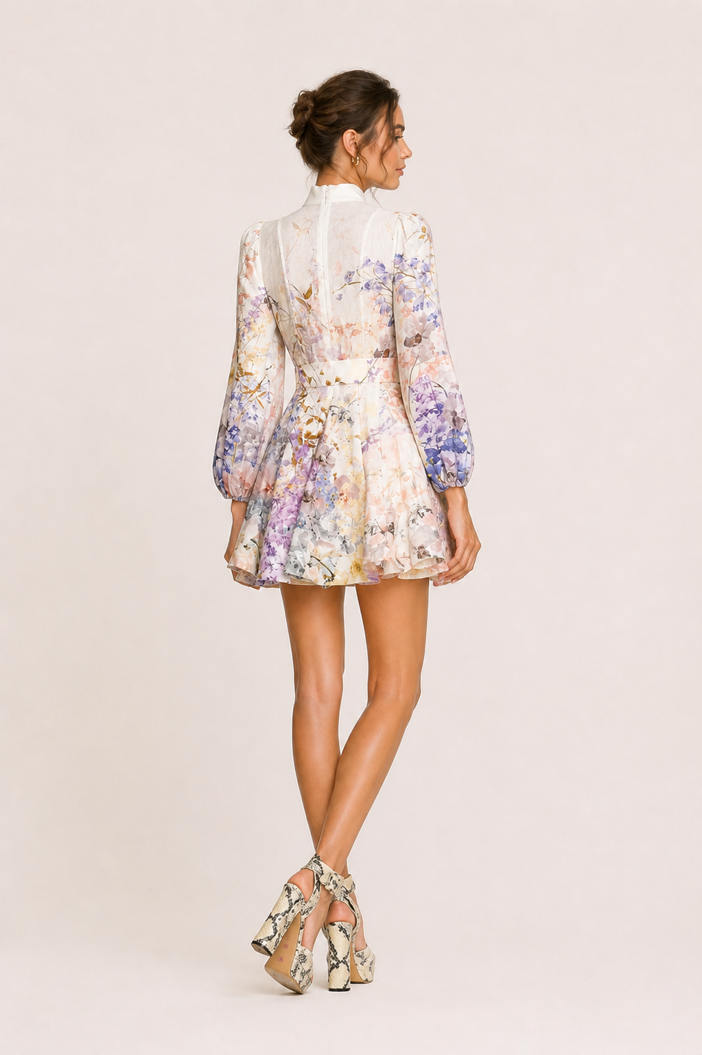 Robe courte fleurie col boutonné ceinturée manches longues événement et déjeuner - Candice