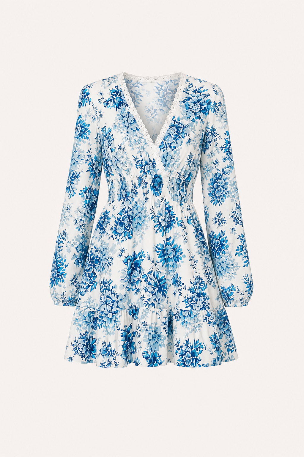 Robe courte fleurie décolleté en V dentelle manches longues volant ourlet - Claudia