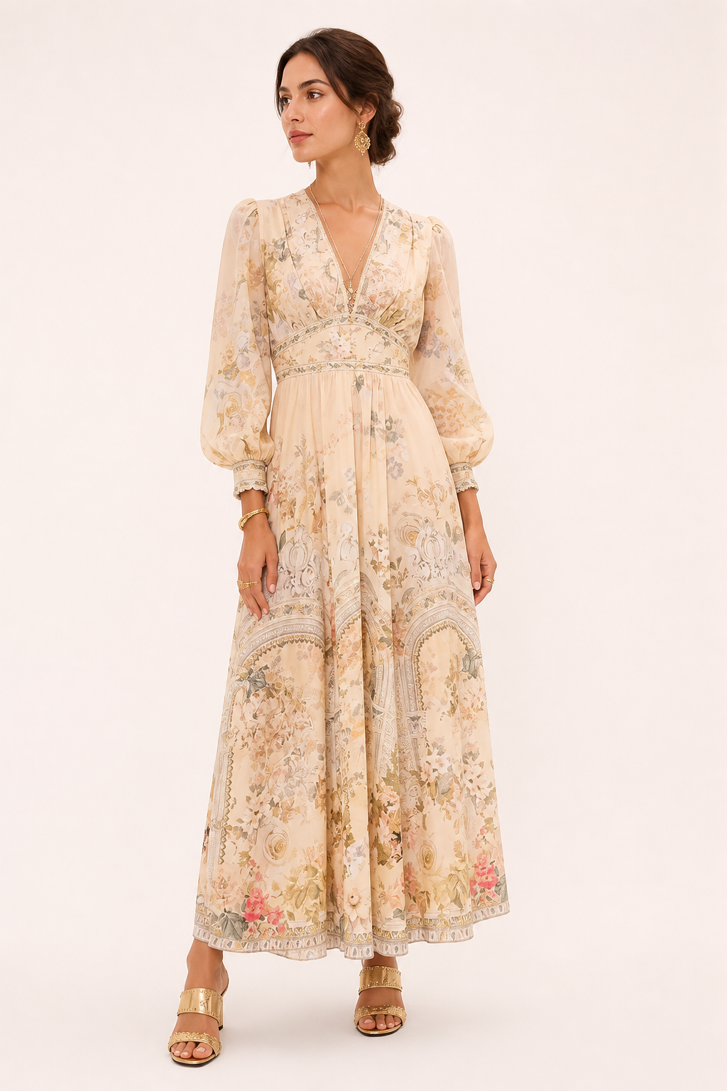 Robe midi décolleté en V taille haute manches bouffantes dîner et événement - Connie