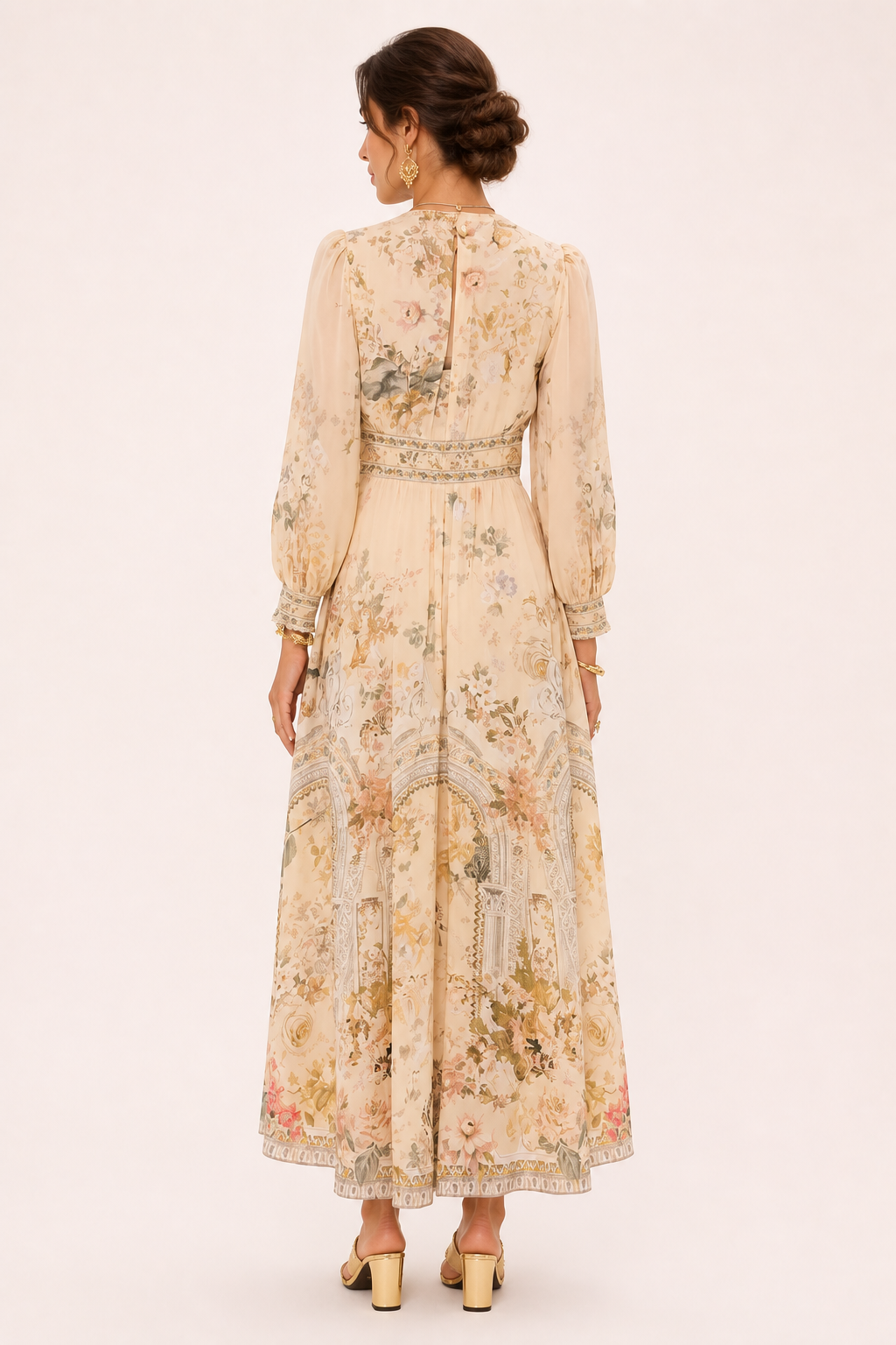 Robe midi décolleté en V taille haute manches bouffantes dîner et événement - Connie