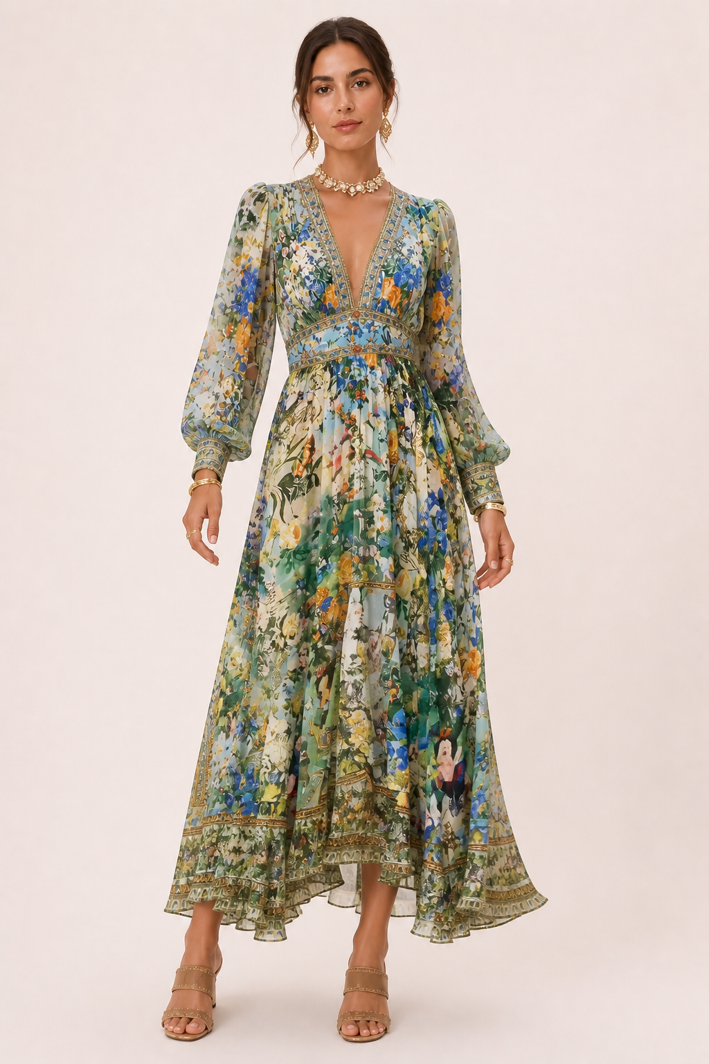 Robe midi décolleté en V taille haute manches bouffantes dîner et événement - Connie