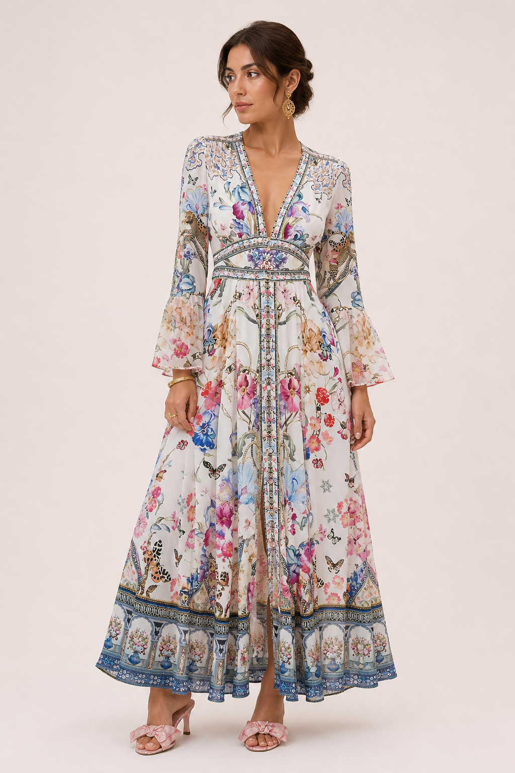 Robe midi décolleté en V taille haute manches bouffantes dîner et événement - Connie