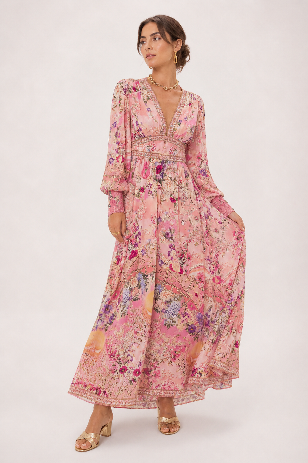 Robe midi décolleté en V taille haute manches bouffantes dîner et événement - Connie