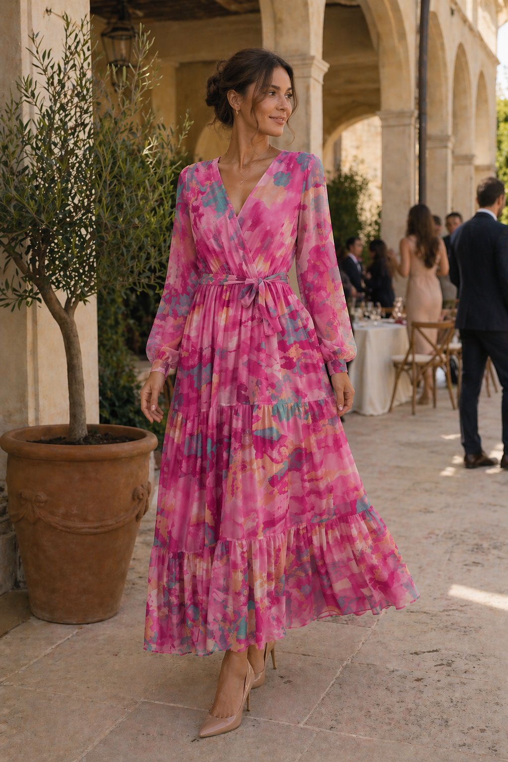 Robe midi florale manches longues ceinturée printemps bureau et sorties - Paola