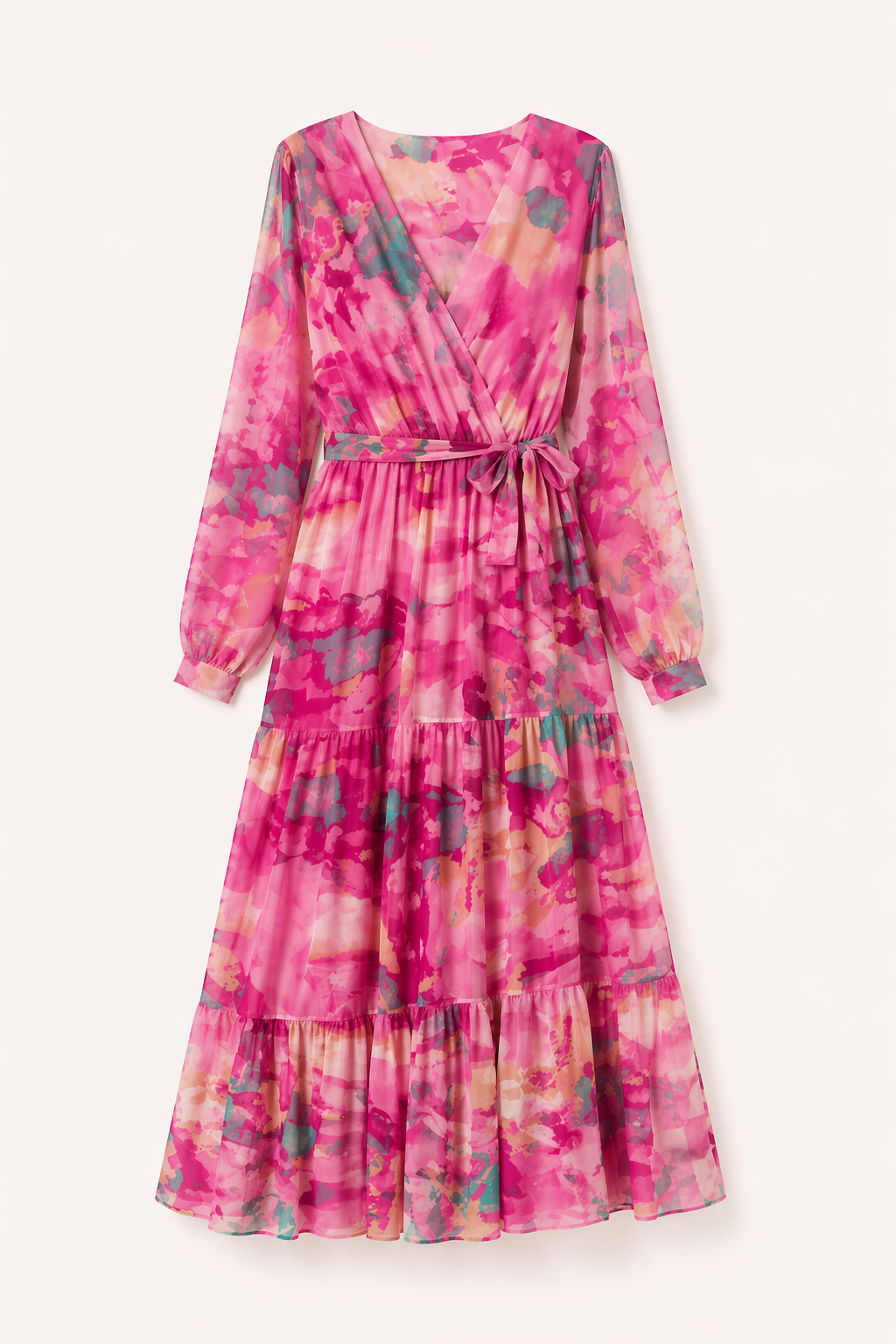 Robe midi florale manches longues ceinturée printemps bureau et sorties - Paola