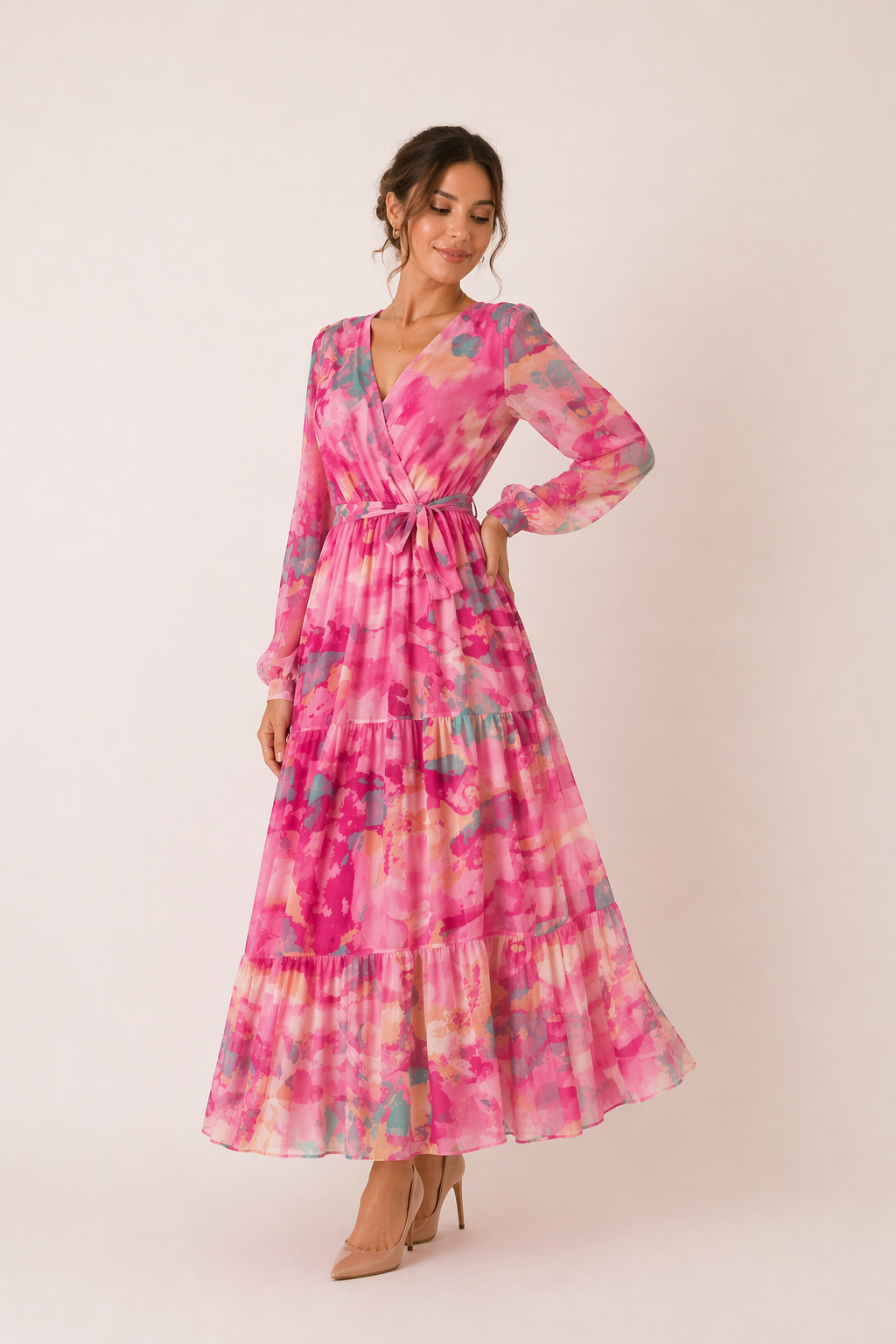Robe midi florale manches longues ceinturée printemps bureau et sorties - Paola