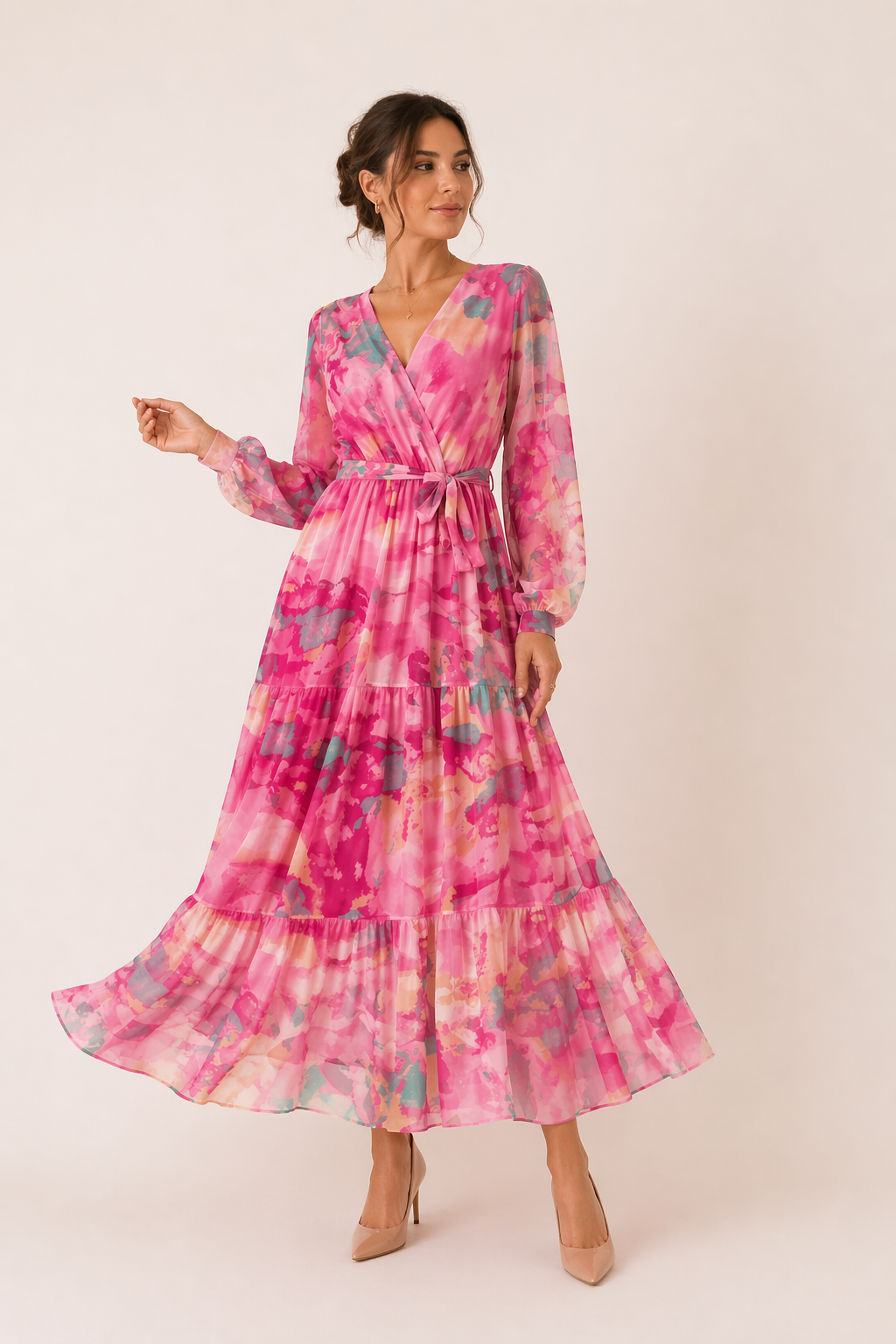 Robe midi florale manches longues ceinturée printemps bureau et sorties - Paola