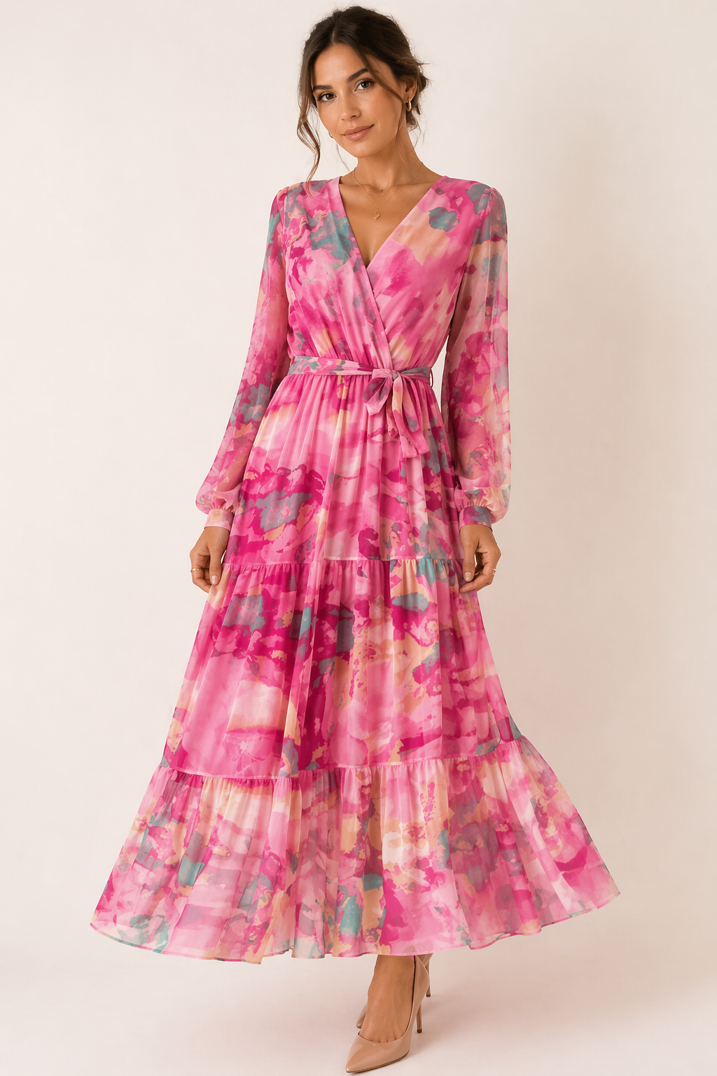 Robe midi florale manches longues ceinturée printemps bureau et sorties - Paola