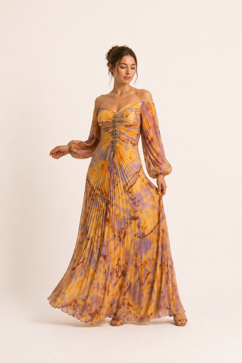 Robe longue plissée épaules dénudées manches translucides fente latérale - Lucia