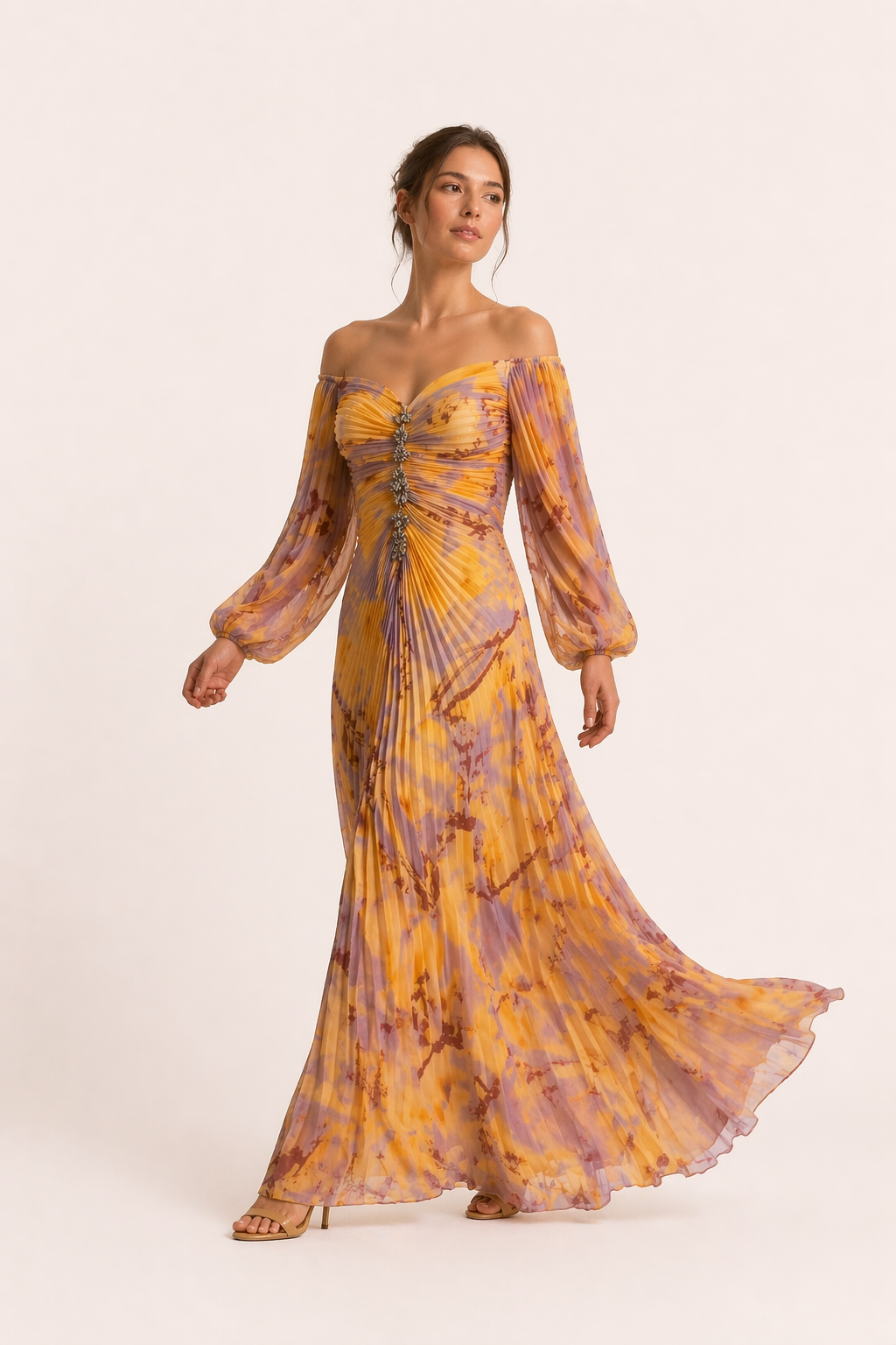 Robe longue plissée épaules dénudées manches translucides fente latérale - Lucia