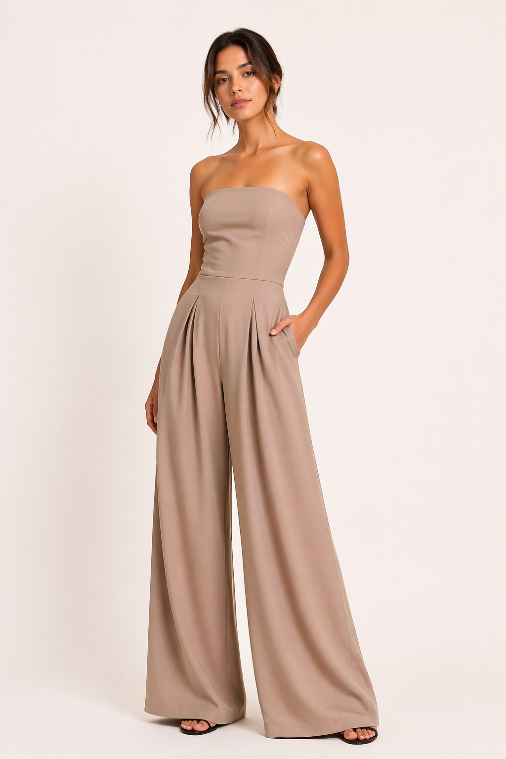 Combinaison femme jambe large taille haute encolure droite sans bretelles - Elena