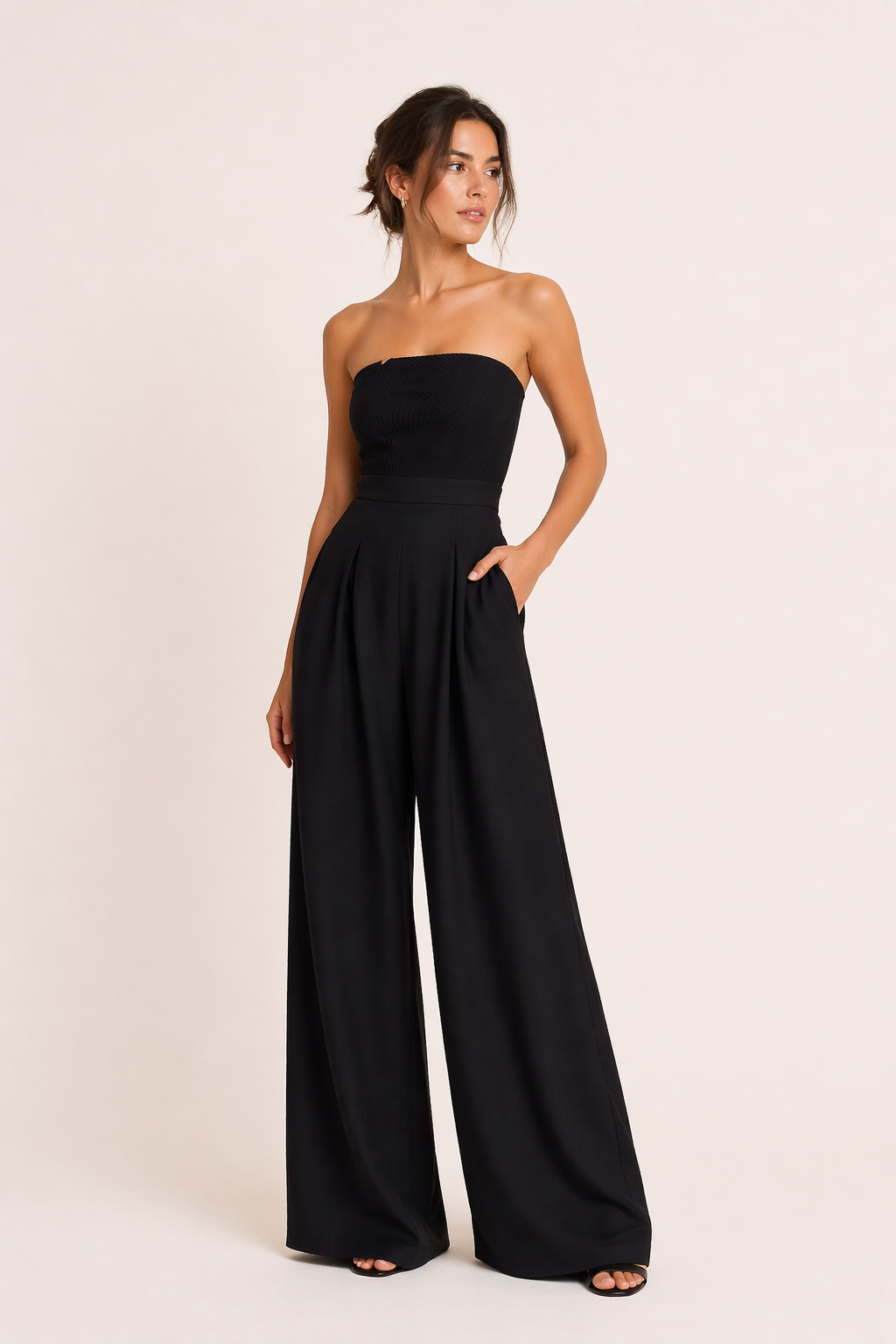 Combinaison femme jambe large taille haute encolure droite sans bretelles - Elena