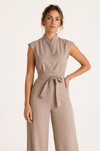 Combinaison femme col montant ceinture tissu jambe large bureau et événement - Marta