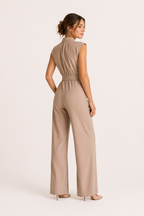 Combinaison femme col montant ceinture tissu jambe large bureau et événement - Marta