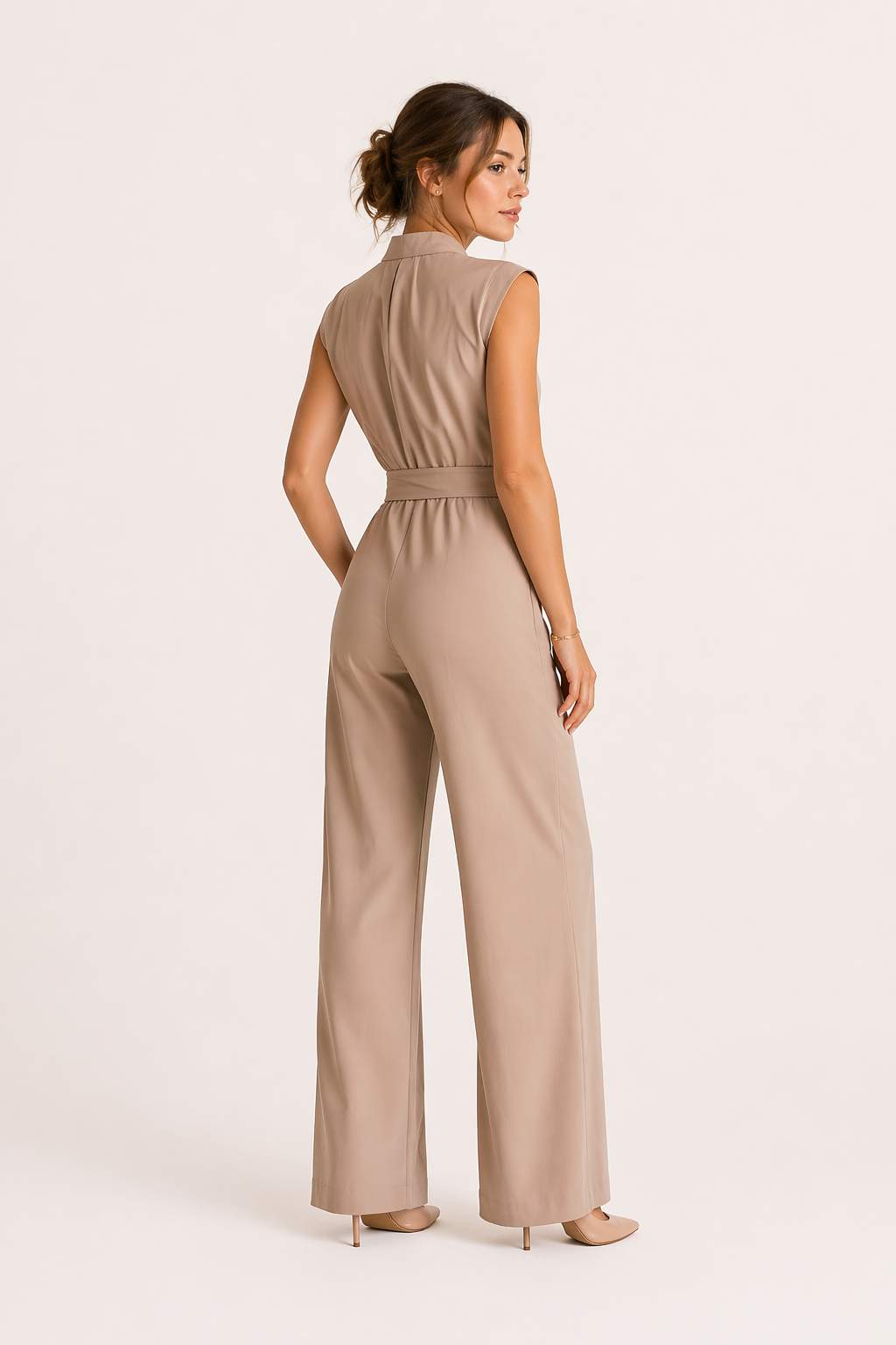 Combinaison femme col montant ceinture tissu jambe large bureau et événement - Marta