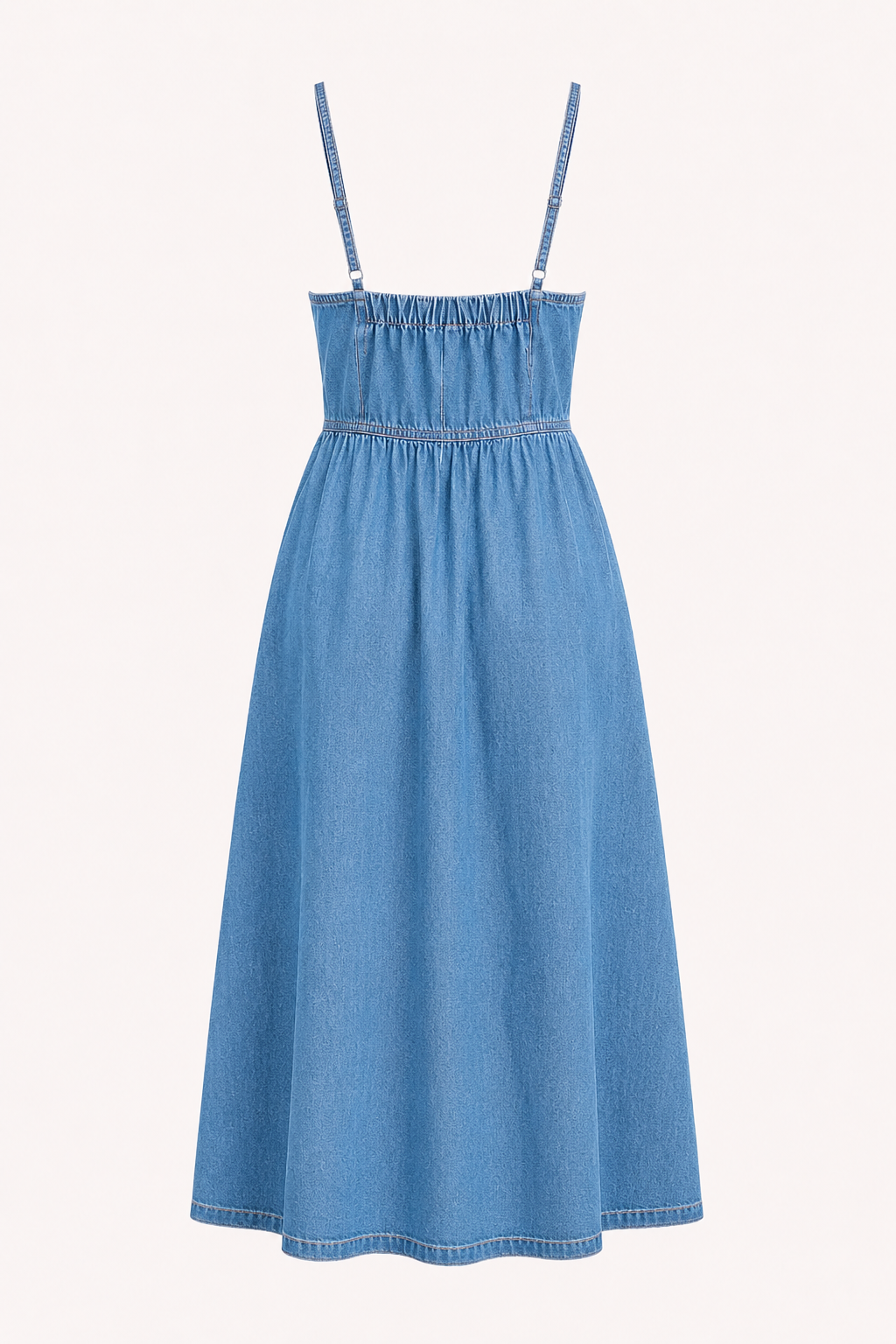Robe midi denim fines bretelles taille haute boutonnée printemps-été vacances et déjeuners - Hanneli