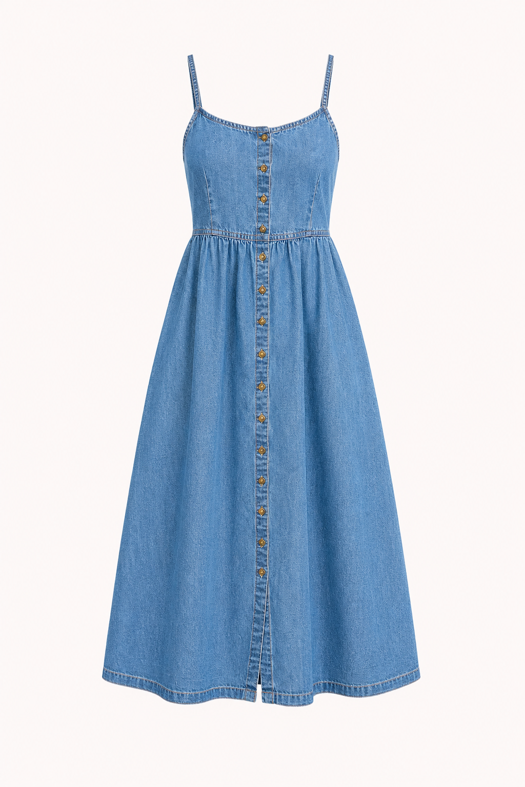 Robe midi denim fines bretelles taille haute boutonnée printemps-été vacances et déjeuners - Hanneli