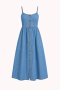 Robe midi denim fines bretelles taille haute boutonnée printemps-été vacances et déjeuners - Hanneli