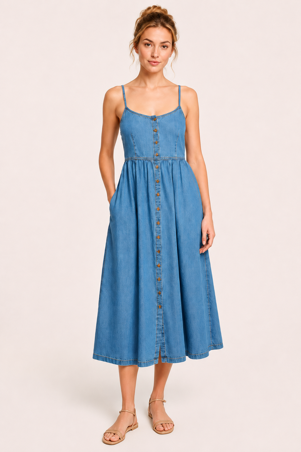 Robe midi denim fines bretelles taille haute boutonnée printemps-été vacances et déjeuners - Hanneli
