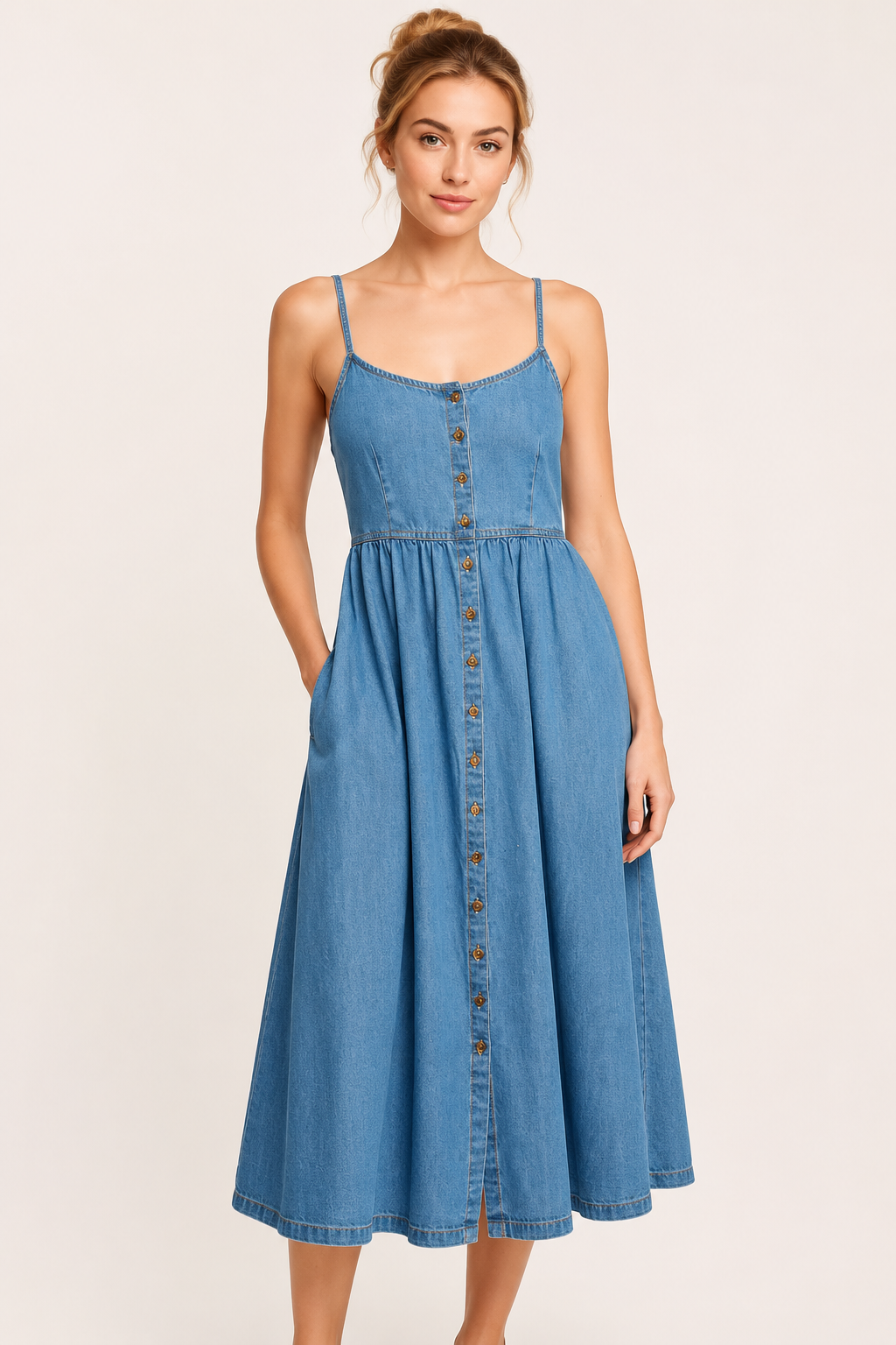 Robe midi denim fines bretelles taille haute boutonnée printemps-été vacances et déjeuners - Hanneli