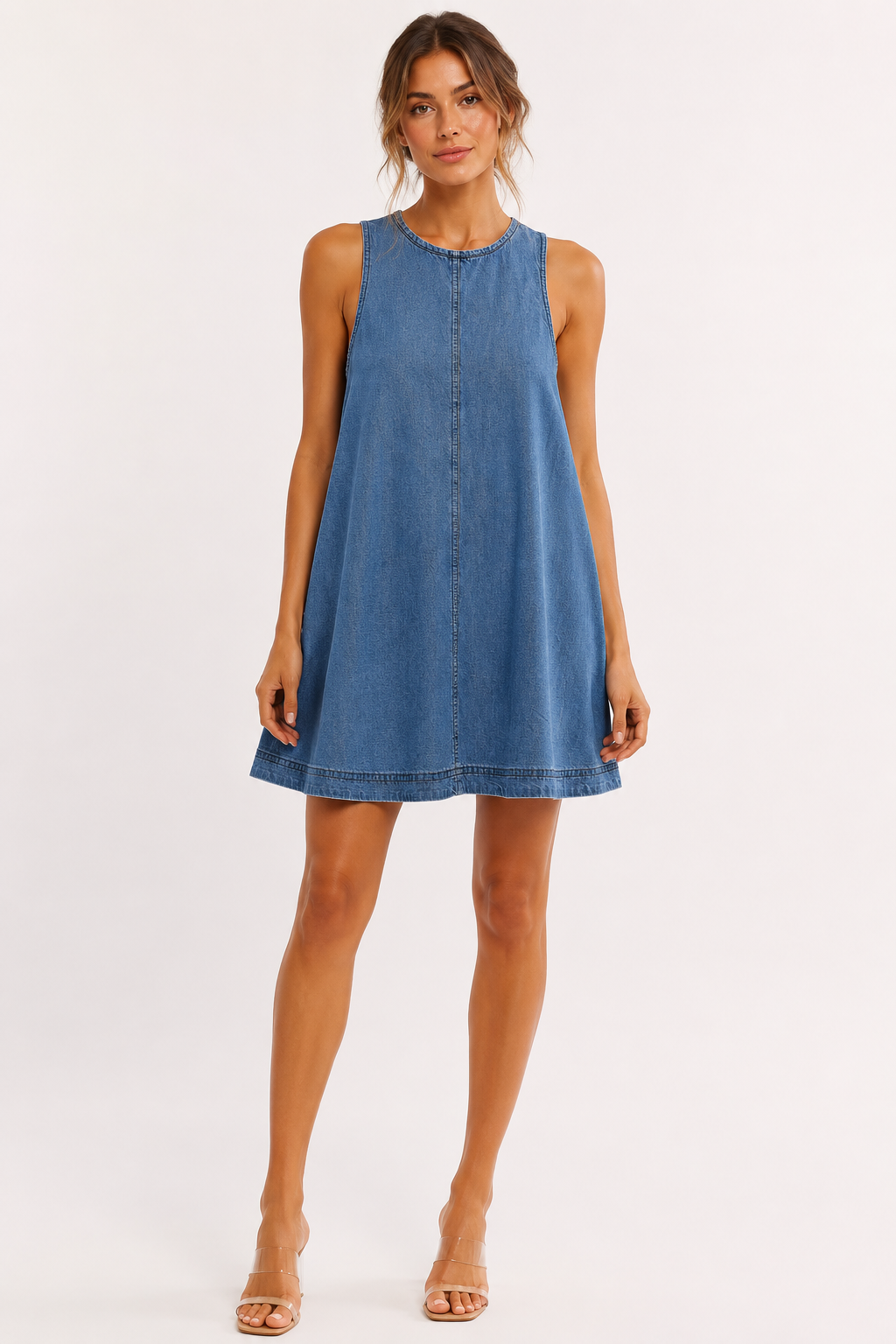 Robe courte denim col rond évasée sans manches légère été et quotidien - Elske