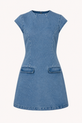 Robe courte denim manches courtes boutonnée coutures verticales contemporaine sorties - Loreen
