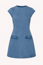 Robe courte denim manches courtes boutonnée coutures verticales contemporaine sorties - Loreen