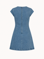 Robe courte denim manches courtes boutonnée coutures verticales contemporaine sorties - Loreen