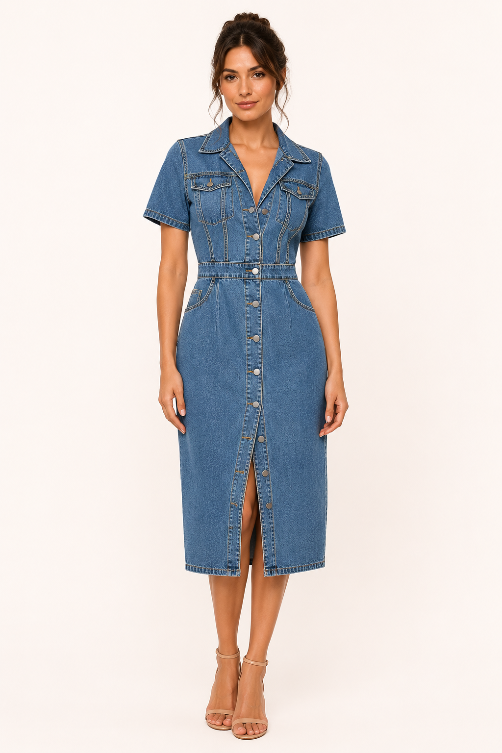Robe midi denim col chemise boutonnée poches ajustée fente devant polyvalente - Elara