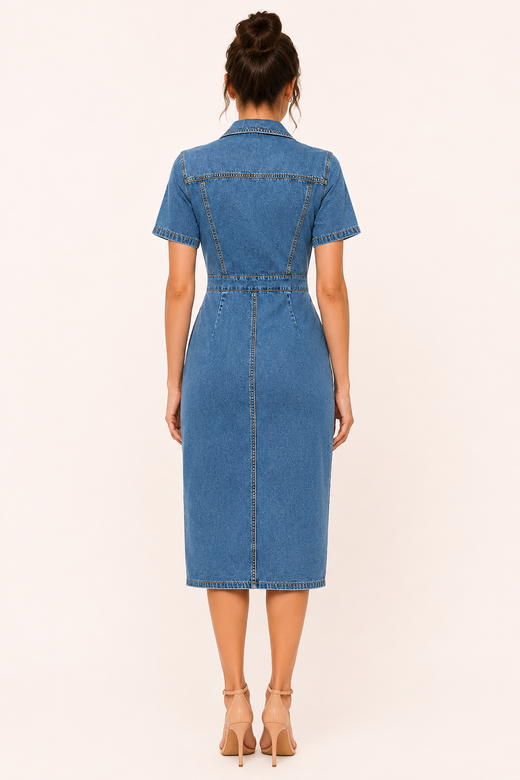 Robe midi denim col chemise boutonnée poches ajustée fente devant polyvalente - Elara