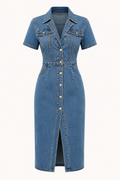 Robe midi denim col chemise boutonnée poches ajustée fente devant polyvalente - Elara