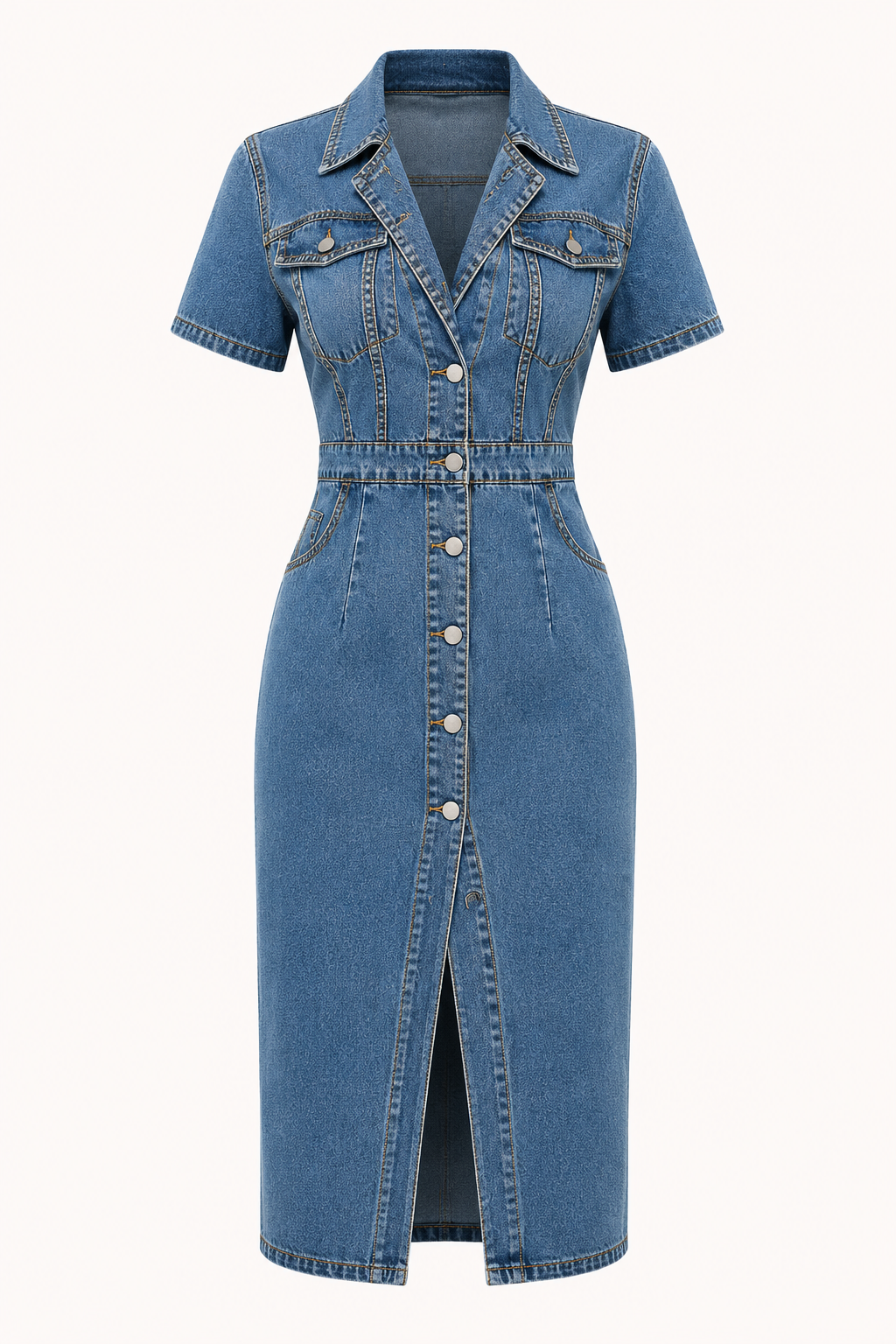 Robe midi denim col chemise boutonnée poches ajustée fente devant polyvalente - Elara
