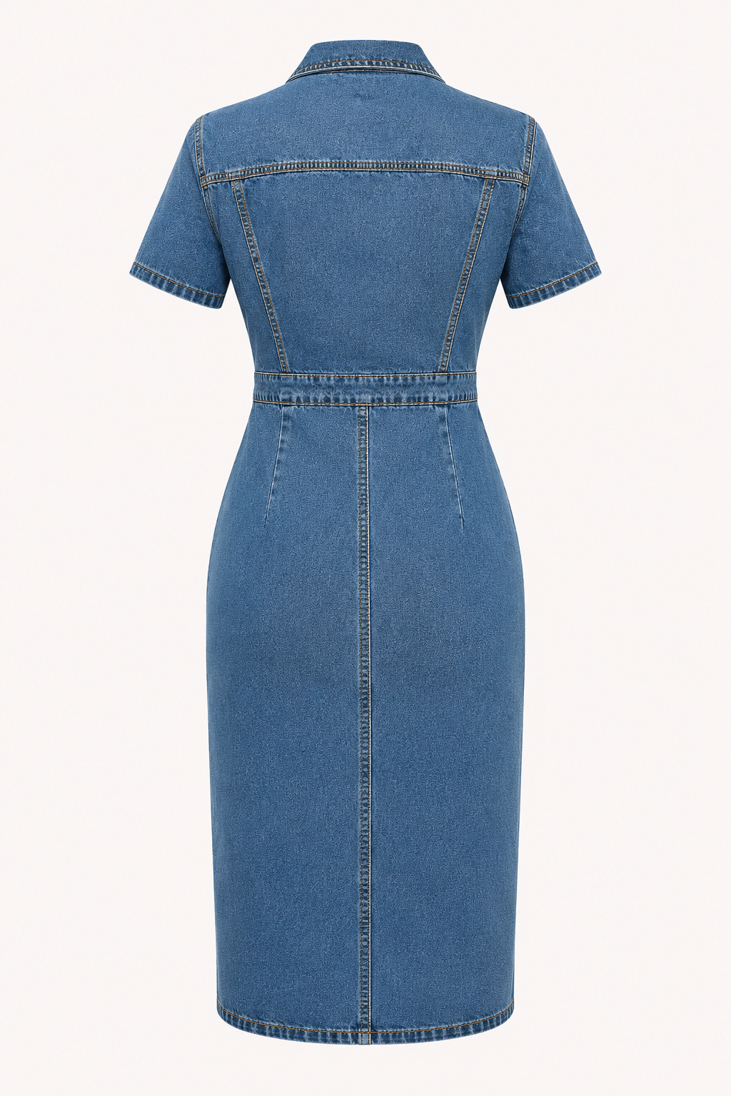Robe midi denim col chemise boutonnée poches ajustée fente devant polyvalente - Elara