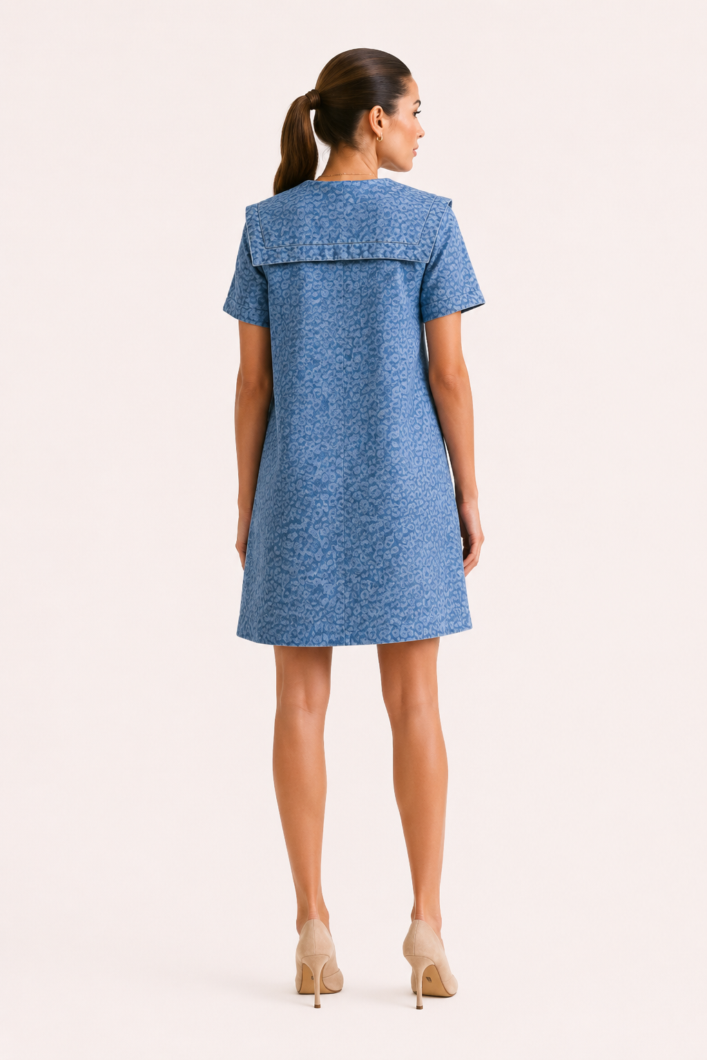 Robe courte denim col marin large imprimé all-over boutonnée vacances printemps-été - Paula