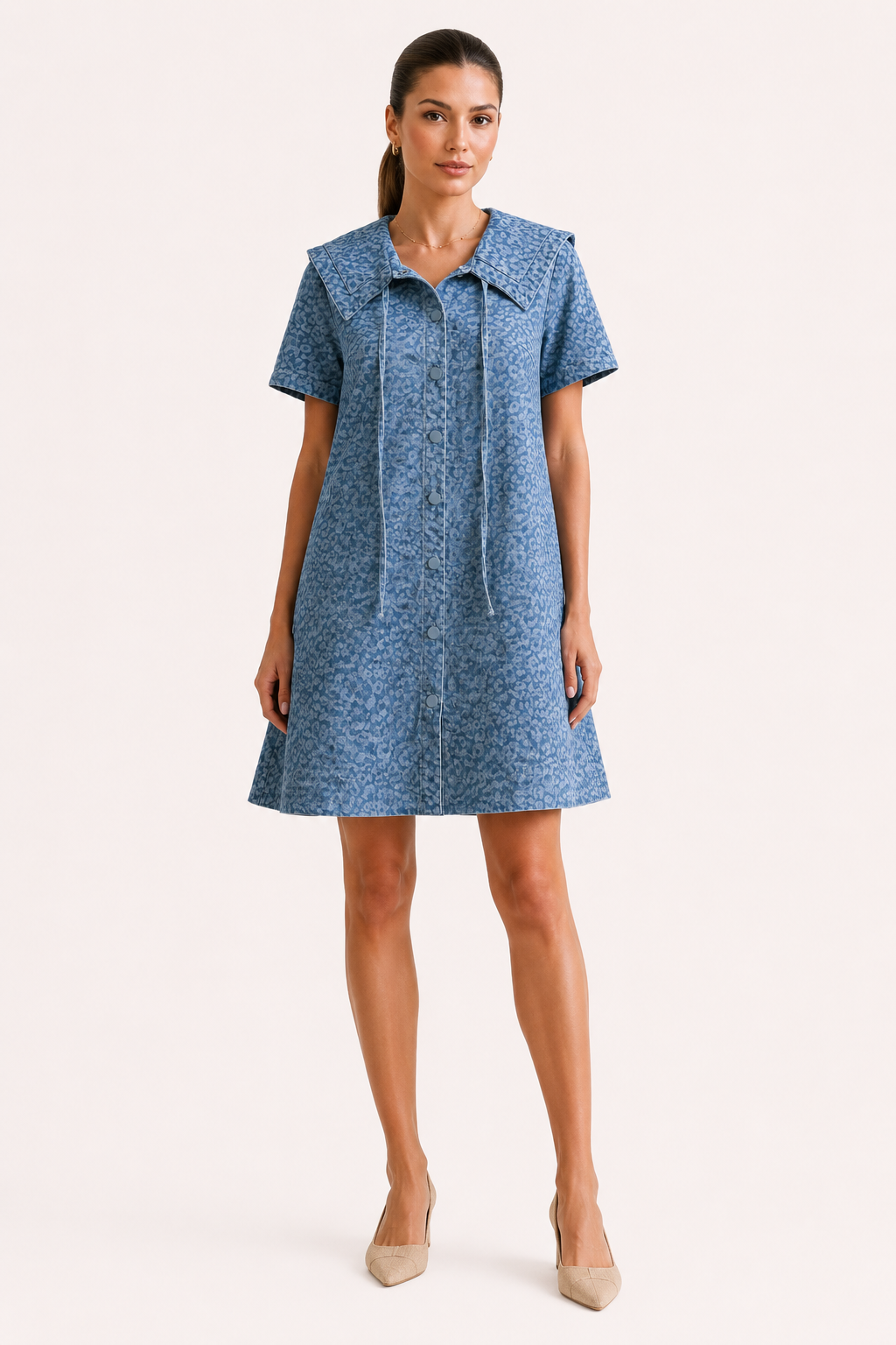 Robe courte denim col marin large imprimé all-over boutonnée vacances printemps-été - Paula