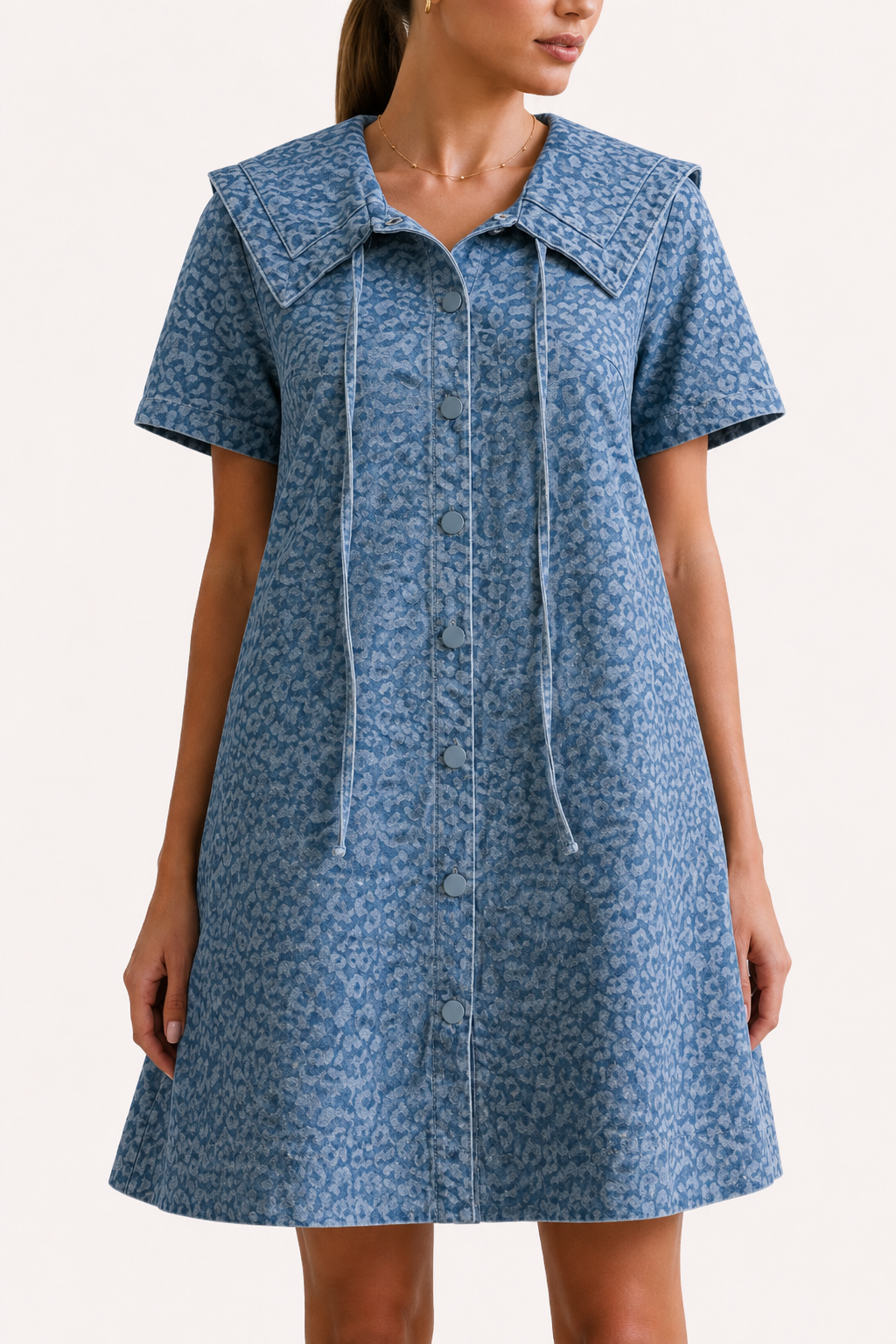 Robe courte denim col marin large imprimé all-over boutonnée vacances printemps-été - Paula
